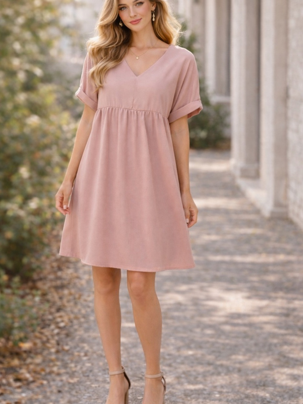 Dress Pink Short Sleeve V Neck Casual Size M
